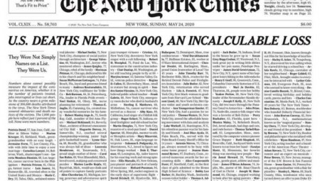 الولايات المتحدة.. حوالي 100.000 وفاة بكورونا ونيويورك تايمز تخلد المأساة