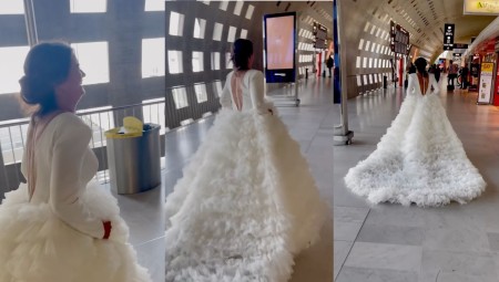 عروس تجري في مطار باريس بفستان زفاف ضخم.. فهل كانت تنوي الهرب من شريكها؟